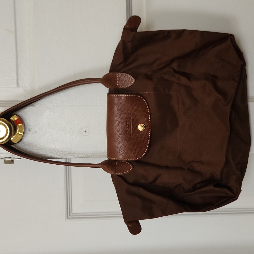 Longchamp Les Pliages Brown Nylon Shoulder Bag with Leather Flap and Gold Snap